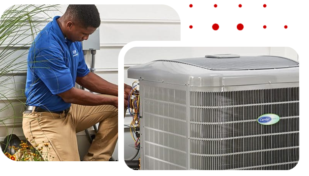 Technician performing maintenance on a Carrier air conditioning unit, emphasizing HVAC service expertise and system care.