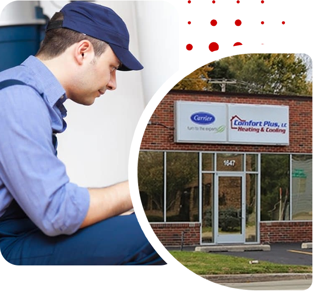 Technician servicing HVAC equipment in front of Comfort Plus Heating & Cooling storefront in Troy, Michigan.