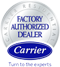 Factory authorized dealer logo for Carrier, representing Comfort Plus LC Heating and Cooling's HVAC services and expertise in moisture control solutions.