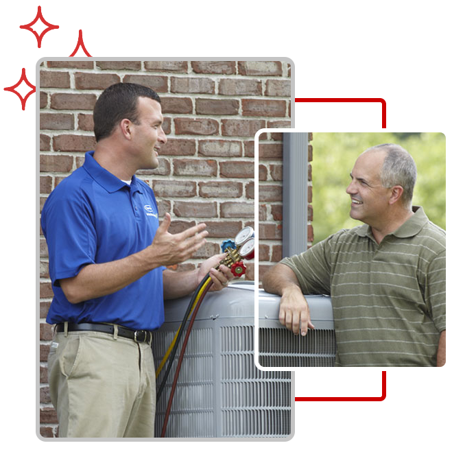 HVAC technician in blue shirt discussing service details with homeowner near air conditioning unit, emphasizing expertise and customer interaction for Comfort Plus Heating & Cooling in Beverly Hills.