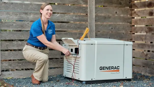 Woman performing maintenance on a Generac home generator, ensuring proper operation and readiness for power outages, in a backyard setting.
