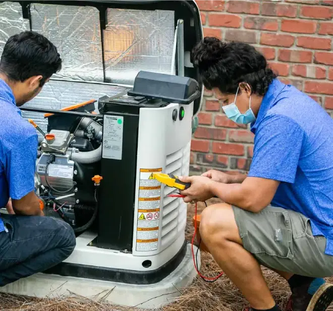 Technicians performing maintenance on a modern standby generator, showcasing automated features and smart controls, relevant to home power solutions in Michigan.