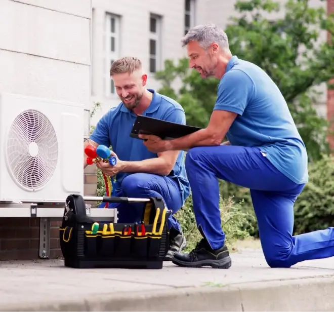 Technicians servicing an HVAC unit, using tools and equipment, focused on maintenance and repair in a residential setting.