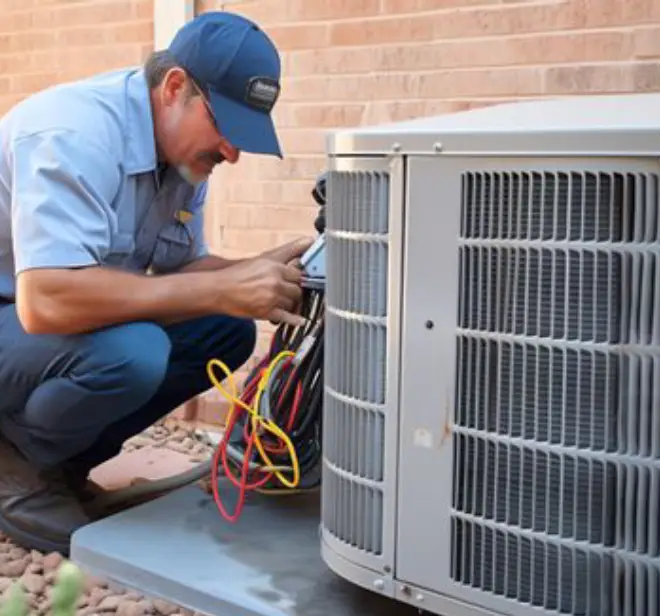 Technician servicing an outdoor HVAC unit, ensuring optimal performance and air quality for residential comfort in Clarkston.