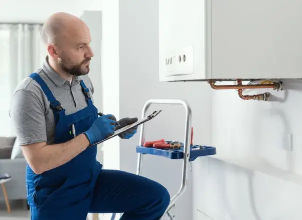 Technician inspecting air conditioning unit with tools and clipboard, emphasizing professional maintenance and repair services for improved indoor air quality and system efficiency.