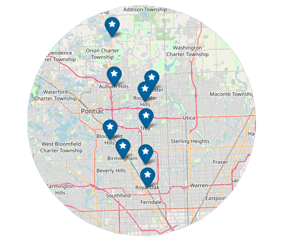 Map highlighting service areas of Comfort Plus LC, including Auburn Hills, Troy, and Royal Oak, for HVAC services.