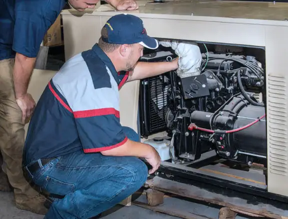 Technician inspecting a home generator during maintenance, ensuring optimal performance and reliability for emergency power.