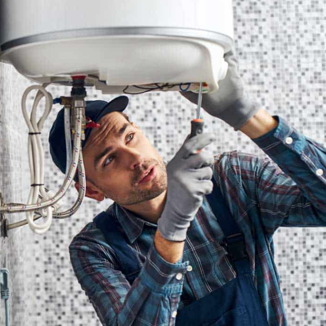 Technician repairing a home HVAC system, demonstrating expertise in maintenance and installation services for reliable heating and cooling in Bloomfield Hills.
