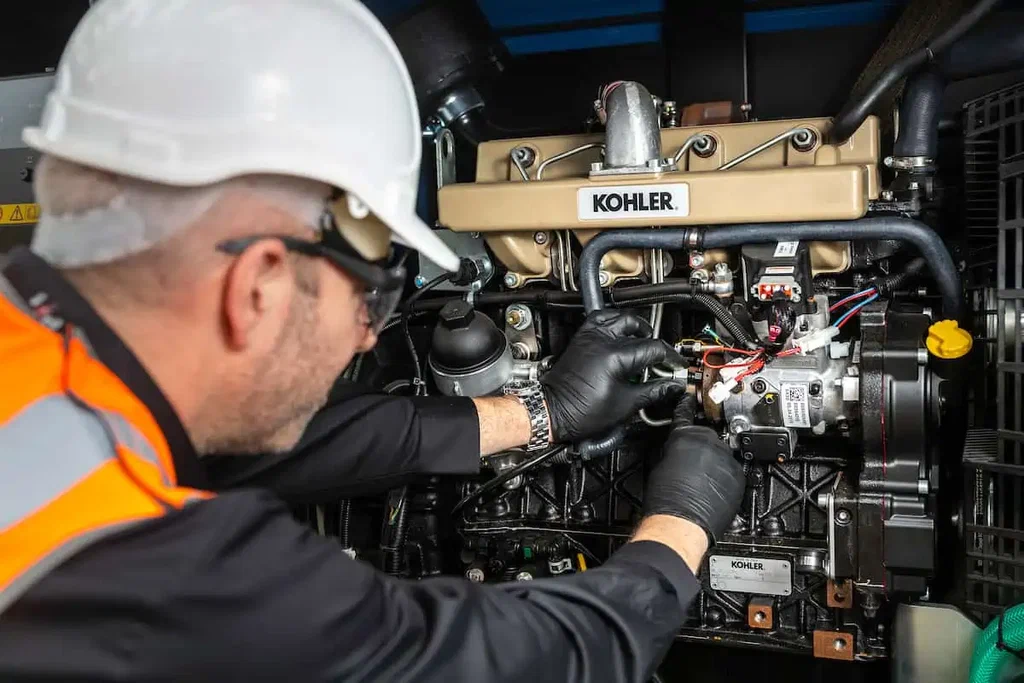 Technician in safety gear repairing HVAC system components, emphasizing maintenance and reliability for optimal indoor climate control.