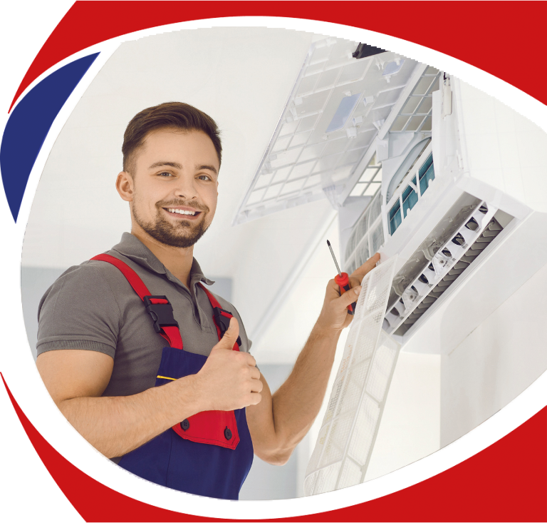 Air conditioning technician performing maintenance on a cooling unit, showcasing expertise in air conditioning services for residential and commercial properties.