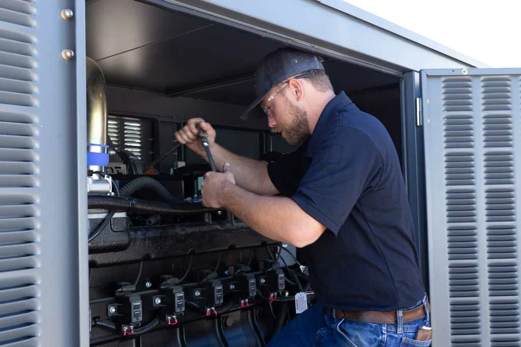 Technician performing maintenance on a standby generator, ensuring reliable operation during power outages, in a commercial setting.