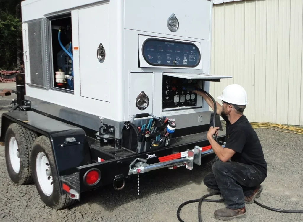 Technician performing generator maintenance and repair on a portable unit, ensuring operational efficiency for air conditioning systems.