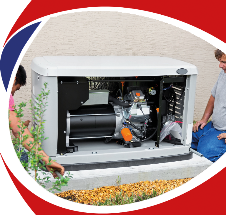 Home generator installation service in Troy, MI, featuring technicians working on a standby generator, showcasing its internal components and professional setup.