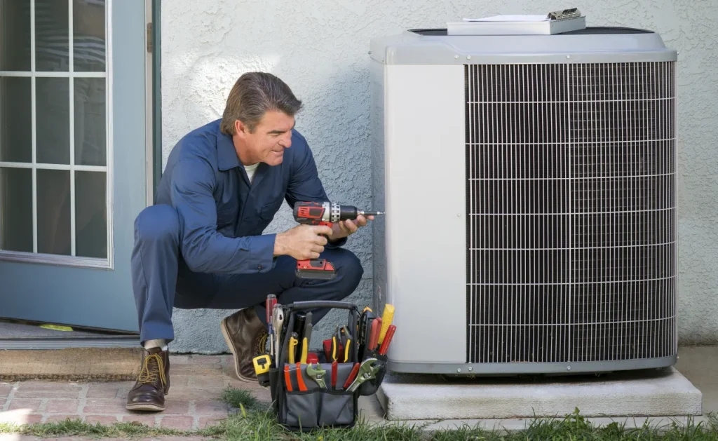 Technician performing maintenance on an air conditioning unit, equipped with tools, ensuring efficient cooling and system reliability.