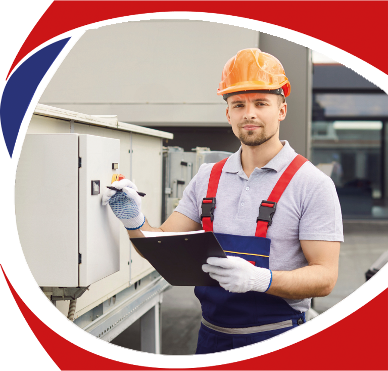 Technician in safety gear inspecting HVAC equipment, holding a clipboard, representing Comfort Plus Heating & Cooling's expert services for efficient heating and cooling solutions.