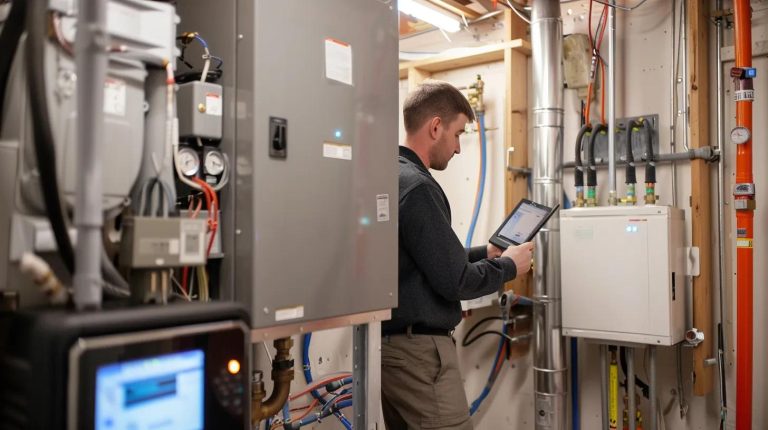 Heating repair technician inspecting residential furnace to diagnose system issues in Troy MI home