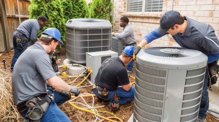 Three HVAC technicians wearing hard hats and tool belts working on outdoor air conditioning units behind a residential building.