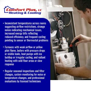 Technician repairing residential furnace and performing seasonal heating system inspection to prevent breakdowns in Michigan homes