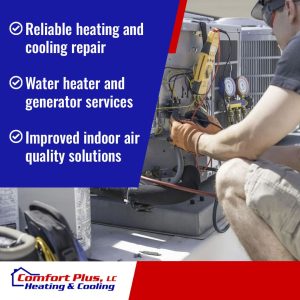 An HVAC technician in a black shirt and work gloves repairs an outdoor air conditioning unit using a multimeter and pressure gauges.