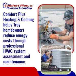 HVAC technicians performing professional air conditioning system inspection and maintenance to improve energy efficiency for Troy homeowners