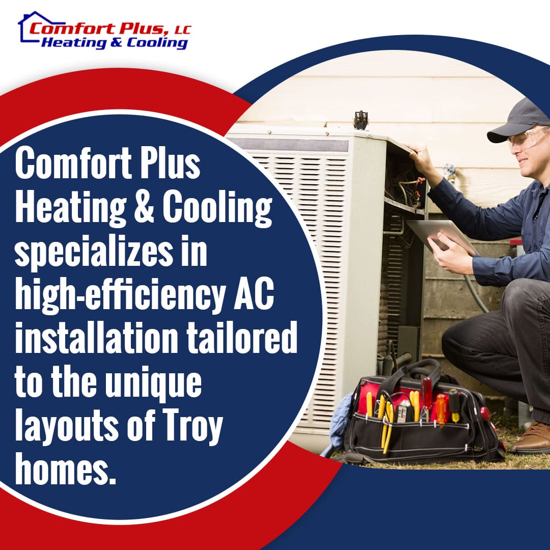 HVAC professional performing high-efficiency AC installation tailored for residential homes in Troy with tools and outdoor unit