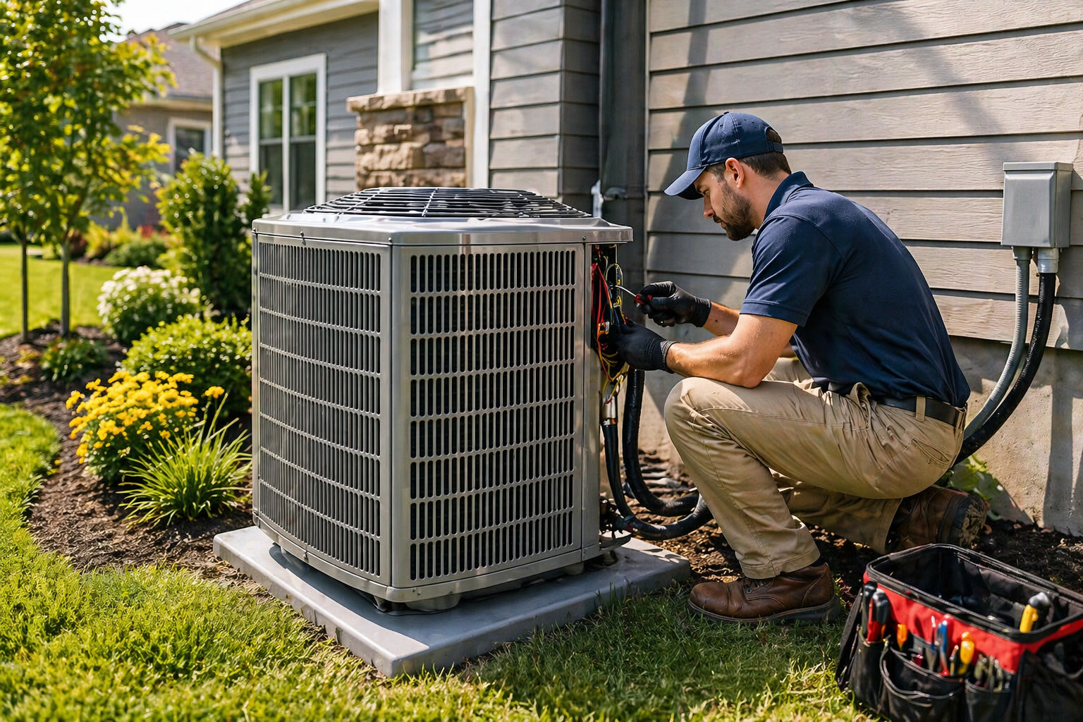 Technician installing high-efficiency AC unit outside a residential home to improve cooling performance and energy efficiency in Troy MI