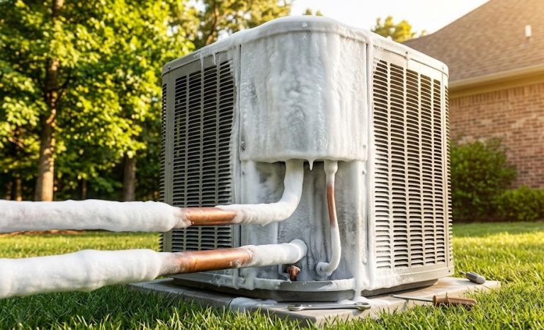 A frozen outdoor air conditioning compressor with ice buildup on the refrigerant lines, signaling an AC emergency.