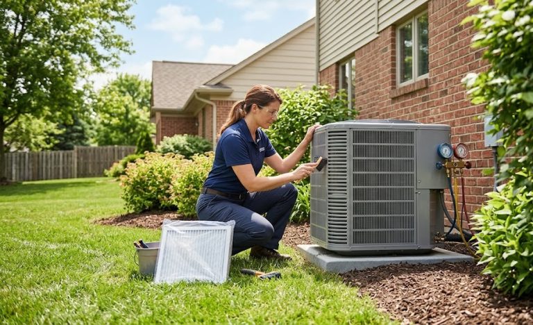 A Comfort Plus LC HVAC service technician performs an AC tune-up on a central air conditioning outdoor unit at a Troy, MI home, checking a fresh air filter and manifold gauges.