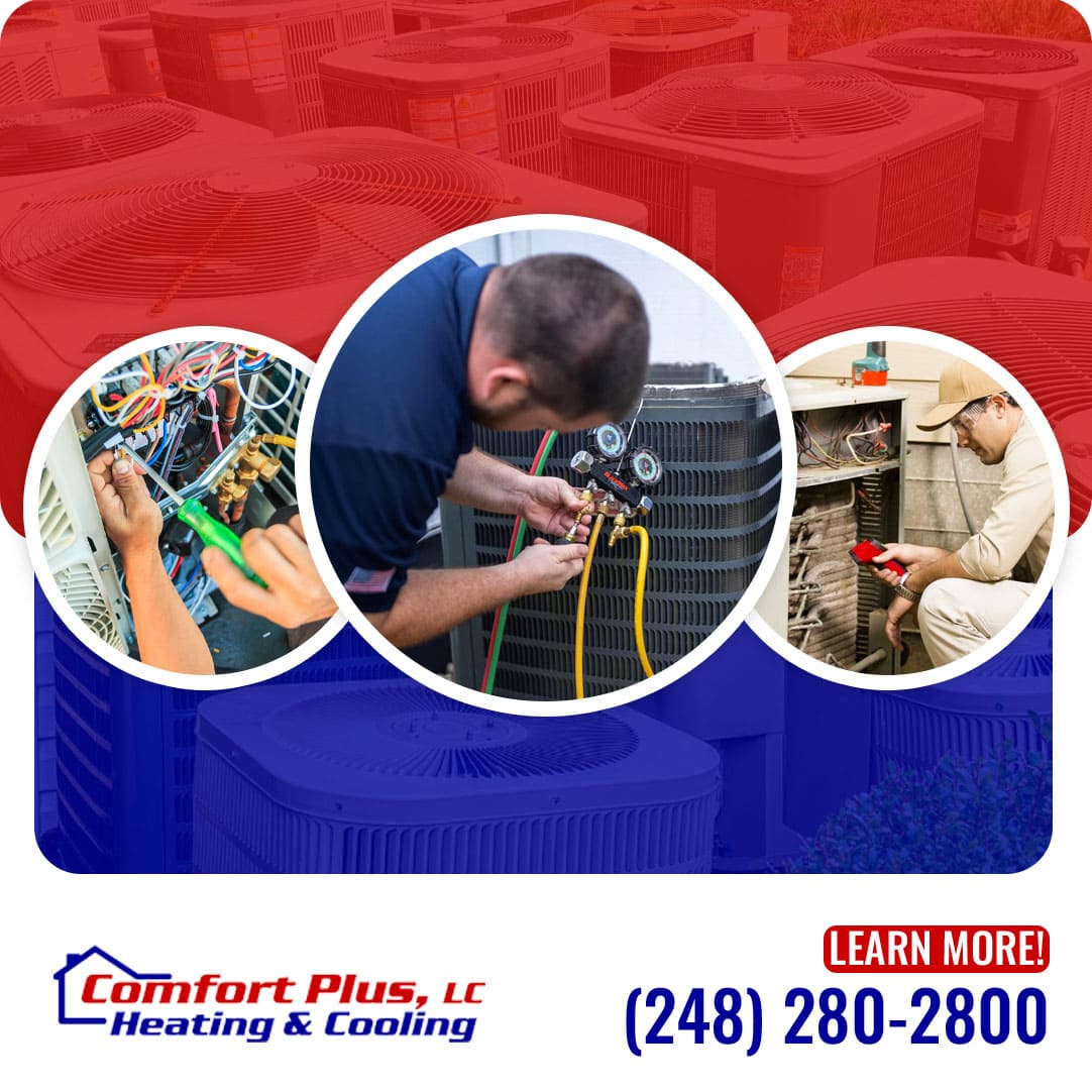 Comfort Plus Heating and Cooling technicians performing diagnostics with pressure gauges on commercial rooftop HVAC units and residential outdoor air conditioning systems. Call 248-280-2800.