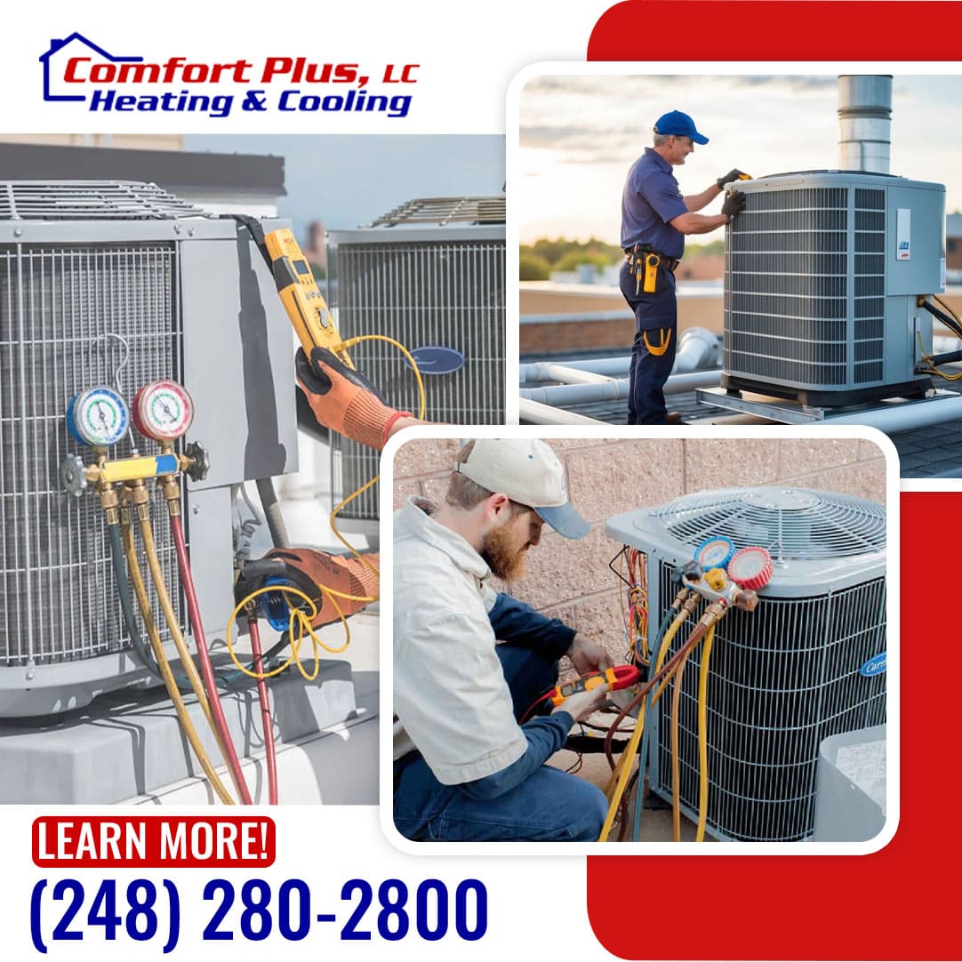 A collage of three Comfort Plus HVAC technicians performing electrical wiring checks, reading refrigerant pressure gauges, and taking temperature readings on heating and cooling systems. Call 248-280-2800.