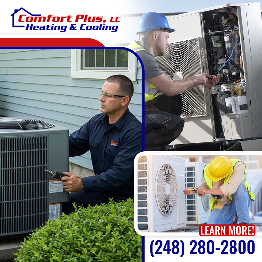 A Comfort Plus heating and cooling technician servicing multiple outdoor air conditioning units, alongside examples of residential and commercial HVAC system installations. Call 248-280-2800.