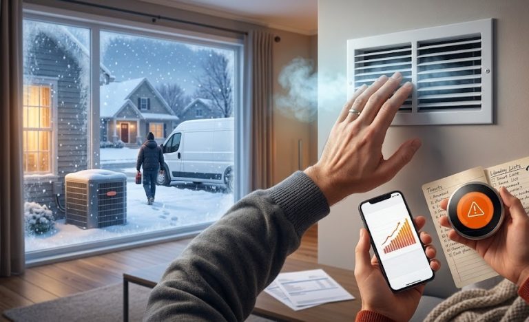 A homeowner checking a wall vent for weak airflow alongside a smartphone displaying rising energy bills and a thermostat warning, with a technician arriving outside for HVAC repair in Troy, MI.